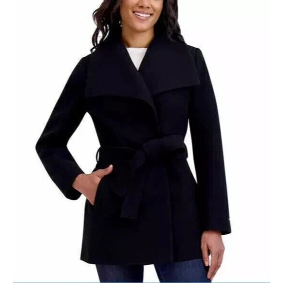 NEW Tahari Women's S Black Belted Pea Coat Wrap Polyester - Picture 1 of 10